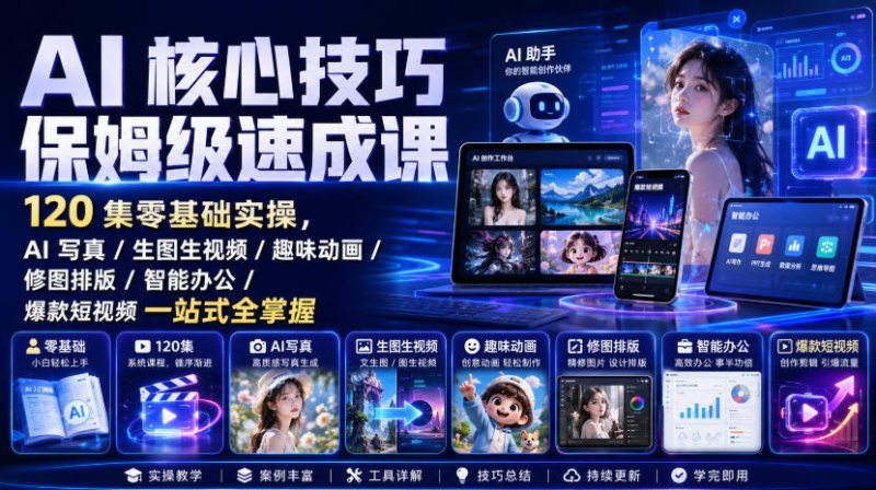 AI核心技巧保姆级速成课|120集零基础实操,AI写真/生图生视频/趣味动画/修图排版/智能办公/爆款短视频一站式全掌握网创-网赚-电商-tk-出海-AI-抖音-快手-小红书-视频号-玩法-创业-小程序-公众号-私域-s粉网创智库