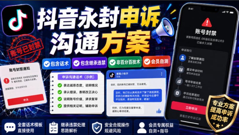 抖音永封申诉沟通方案，包含话术，包含继承违禁，非百分百技术，会员自测网创-网赚-电商-tk-出海-AI-抖音-快手-小红书-视频号-玩法-创业-小程序-公众号-私域-s粉网创智库