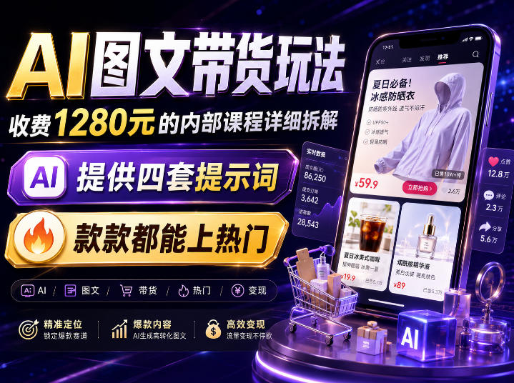 AI图文带货内部玩法，1280内部课程对外系统拆解，看完直接上手变现！网创-网赚-电商-tk-出海-AI-抖音-快手-小红书-视频号-玩法-创业-小程序-公众号-私域-s粉网创智库