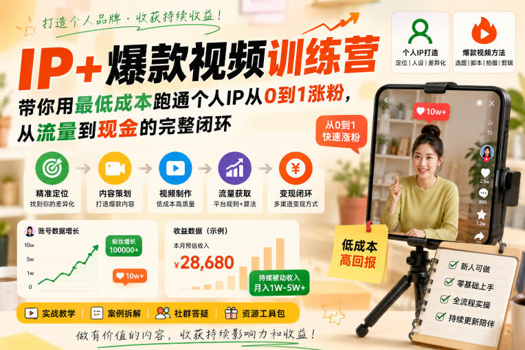 IP+爆款视频训练营，带你用最低成本跑通个人IP从0到1涨粉，从流量到现金的完整闭环网创-网赚-电商-tk-出海-AI-抖音-快手-小红书-视频号-玩法-创业-小程序-公众号-私域-s粉网创智库