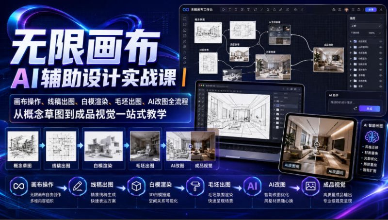 无限画布AI辅助设计实战课｜画布操作、线稿出图、白模渲染、毛坯出图、AI改图全流程，从概念草图到成品视觉一站式教学网创-网赚-电商-tk-出海-AI-抖音-快手-小红书-视频号-玩法-创业-小程序-公众号-私域-s粉网创智库