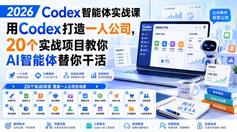 2026 Codex智能体实战课,用Codex打造一人公司,20个实战项目教你AI智能体替你干活网创-网赚-电商-tk-出海-AI-抖音-快手-小红书-视频号-玩法-创业-小程序-公众号-私域-s粉网创智库