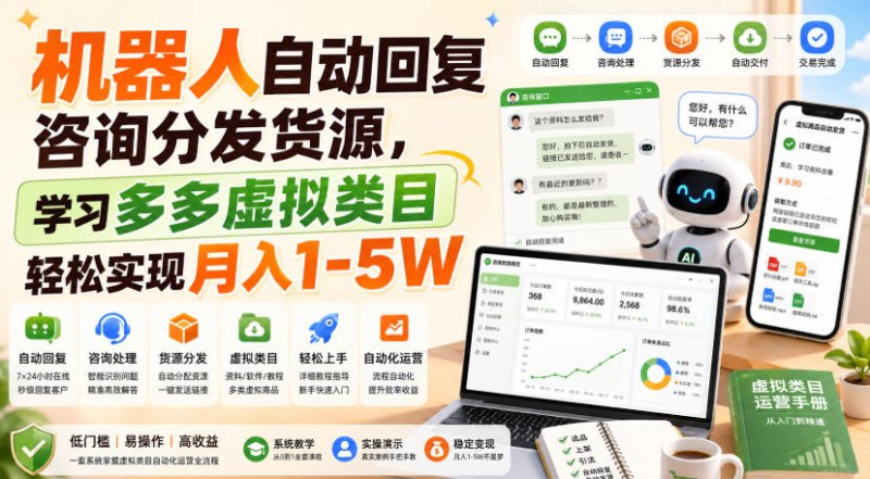 机器人自动回复咨询分发货源,学习多多虚拟类目轻松实现月入1-5W【揭秘】网创-网赚-电商-tk-出海-AI-抖音-快手-小红书-视频号-玩法-创业-小程序-公众号-私域-s粉网创智库