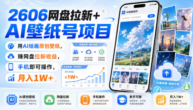 2606网盘拉新+AI壁纸号项目，用AI绘画原创壁纸，賺网盘拉新收益，手机即可操作，月入1W+ - 网创智库网创-网赚-电商-tk-出海-AI-抖音-快手-小红书-视频号-玩法-创业-小程序-公众号-私域-s粉网创智库