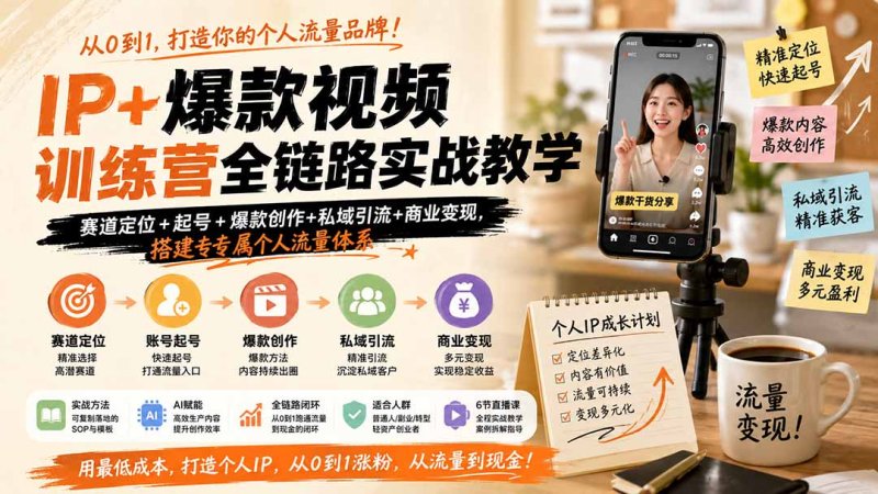 IP+爆款视频训练营全链路实战教学；赛道定位+起号+爆款创作+私域引流+商业变现，搭建专属个人流量体系网创-网赚-电商-tk-出海-AI-抖音-快手-小红书-视频号-玩法-创业-小程序-公众号-私域-s粉网创智库