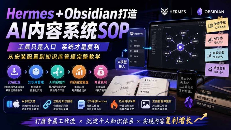 Hermes+Obsidian打造AI内容系统SOP；工具只是入口系统才是复利，从安装配置到知识库管理完整教学网创-网赚-电商-tk-出海-AI-抖音-快手-小红书-视频号-玩法-创业-小程序-公众号-私域-s粉网创智库