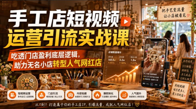 手工店短视频运营引流实战课，吃透门店盈利底层逻辑，助力无名小店转型人气网红店网创-网赚-电商-tk-出海-AI-抖音-快手-小红书-视频号-玩法-创业-小程序-公众号-私域-s粉网创智库