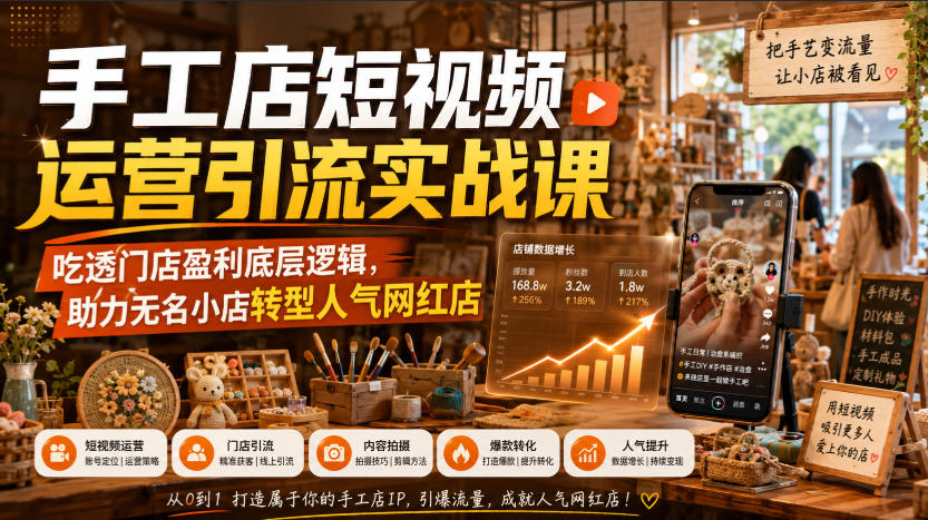 手工店短视频运营引流实战课，吃透门店盈利底层逻辑，助力无名小店转型人气网红店 - 网创智库网创-网赚-电商-tk-出海-AI-抖音-快手-小红书-视频号-玩法-创业-小程序-公众号-私域-s粉网创智库