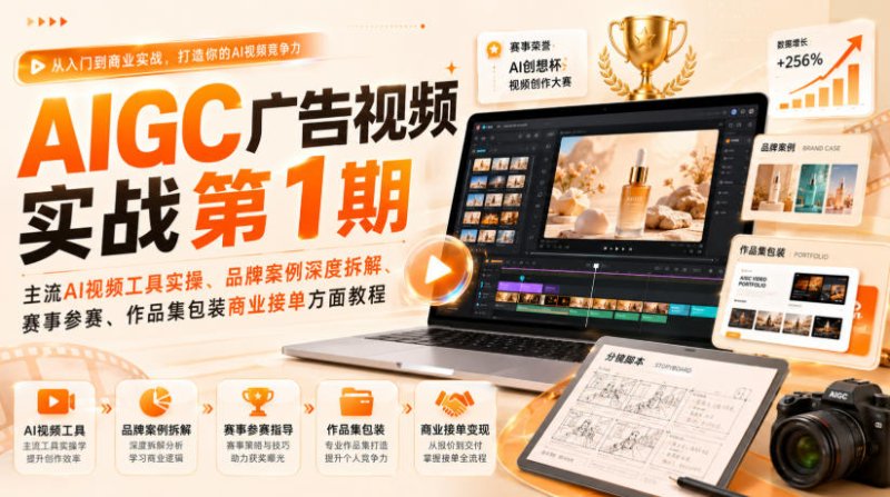 AIGC广告视频实战第1期，主流AI视频工具实操、品牌案例深度拆解、赛事参赛、作品集包装商业接单方面教程网创-网赚-电商-tk-出海-AI-抖音-快手-小红书-视频号-玩法-创业-小程序-公众号-私域-s粉网创智库