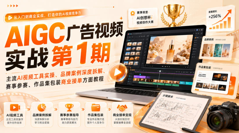 AIGC广告视频实战第1期，主流AI视频工具实操、品牌案例深度拆解、赛事参赛、作品集包装商业接单方面教程 - 网创智库网创-网赚-电商-tk-出海-AI-抖音-快手-小红书-视频号-玩法-创业-小程序-公众号-私域-s粉网创智库