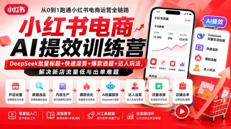 小红书电商AI提效训练营—DeepSeek批量标题+快速混剪+爆款选题+达人玩法,解决新店流量低与出单难题网创-网赚-电商-tk-出海-AI-抖音-快手-小红书-视频号-玩法-创业-小程序-公众号-私域-s粉网创智库