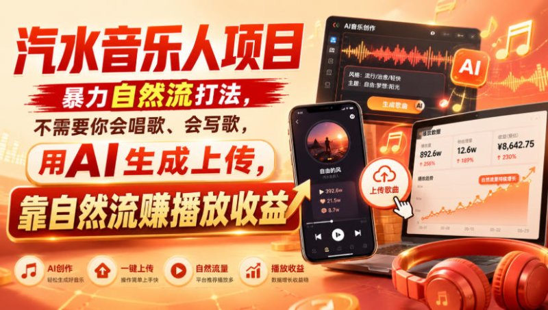 汽水音乐人项目，暴力自然流打法，不需要你会唱歌、会写歌，用AI生成上传，靠自然流賺播放收益网创-网赚-电商-tk-出海-AI-抖音-快手-小红书-视频号-玩法-创业-小程序-公众号-私域-s粉网创智库