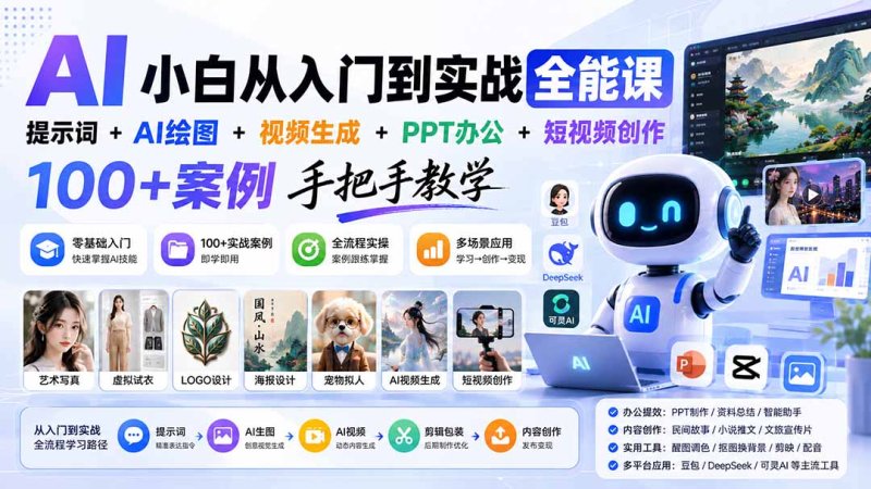 AI小白从入门到实战全能课：提示词+AI绘图+视频生成+PPT办公+短视频创作，100+案例手把手教学网创-网赚-电商-tk-出海-AI-抖音-快手-小红书-视频号-玩法-创业-小程序-公众号-私域-s粉网创智库