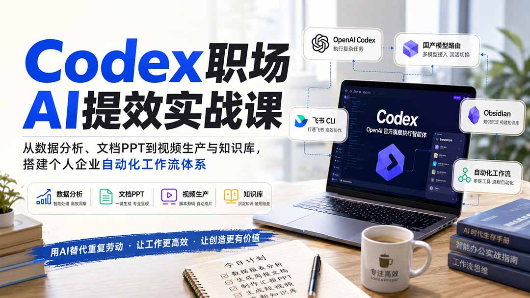 Codex职场AI提效实战课：从数据分析、文档PPT到视频生产与知识库，搭建个人企业自动化工作流体系网创-网赚-电商-tk-出海-AI-抖音-快手-小红书-视频号-玩法-创业-小程序-公众号-私域-s粉网创智库