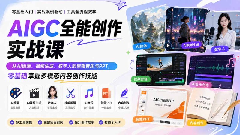 AIGC全能创作实战课：从AI绘画、视频生成、数字人到剪辑音乐与PPT，零基础掌握多模态内容创作技能网创-网赚-电商-tk-出海-AI-抖音-快手-小红书-视频号-玩法-创业-小程序-公众号-私域-s粉网创智库