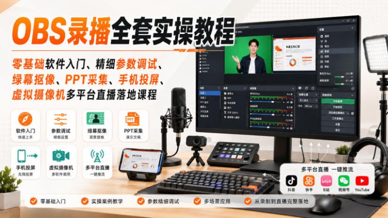 OBS录播全套实操教程｜零基础软件入门、精细参数调试、绿幕抠像、手机投屏、虚拟摄像机多平台直播落地课程网创-网赚-电商-tk-出海-AI-抖音-快手-小红书-视频号-玩法-创业-小程序-公众号-私域-s粉网创智库
