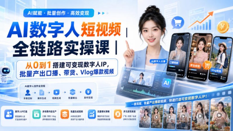 AI数字人短视频全链路实操课|从0到1搭建可变现数字人IP,批量产出口播、带货、Vlog爆款视频网创-网赚-电商-tk-出海-AI-抖音-快手-小红书-视频号-玩法-创业-小程序-公众号-私域-s粉网创智库