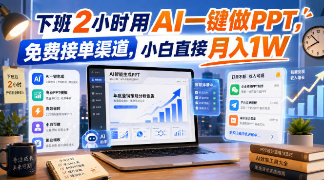 下班2小时用AI一键做PPT，免费接单渠道，小白直接月入1W【揭秘】 - 网创智库网创-网赚-电商-tk-出海-AI-抖音-快手-小红书-视频号-玩法-创业-小程序-公众号-私域-s粉网创智库