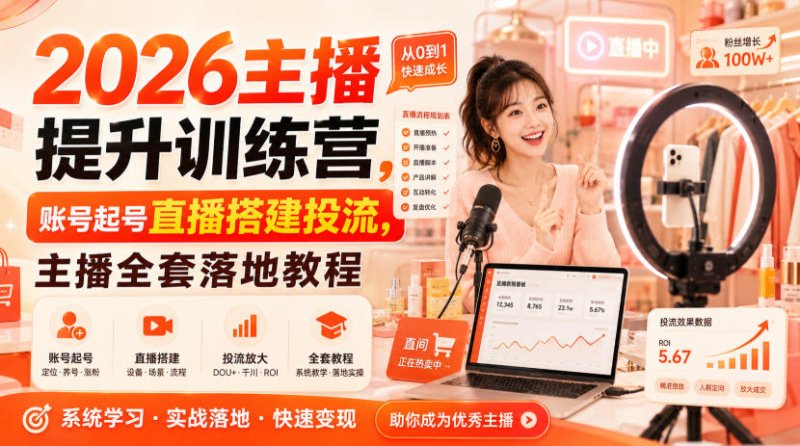 2026主播提升训练营，账号起号直播搭建投流，主播全套落地教程网创-网赚-电商-tk-出海-AI-抖音-快手-小红书-视频号-玩法-创业-小程序-公众号-私域-s粉网创智库