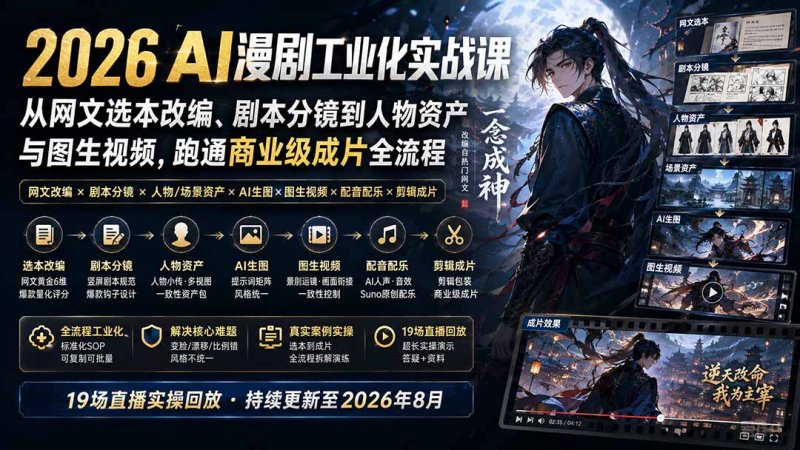 2026 AI漫剧工业化实战课-更新：从网文选本改编、剧本分镜到人物资产与图生视频，跑通商业级成片全流程网创-网赚-电商-tk-出海-AI-抖音-快手-小红书-视频号-玩法-创业-小程序-公众号-私域-s粉网创智库