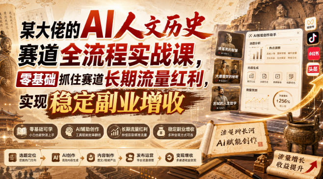 某大佬的AI人文历史赛道全流程实战课，零基础抓住赛道长期流量红利，实现稳定副业增收网创-网赚-电商-tk-出海-AI-抖音-快手-小红书-视频号-玩法-创业-小程序-公众号-私域-s粉网创智库