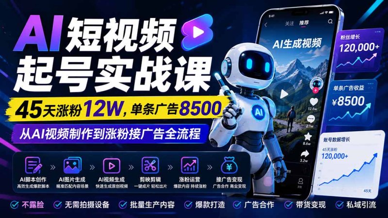 AI短视频起号实战课：45天涨粉12W，单条广告8500，从AI视频制作到涨粉接广告全流程网创-网赚-电商-tk-出海-AI-抖音-快手-小红书-视频号-玩法-创业-小程序-公众号-私域-s粉网创智库