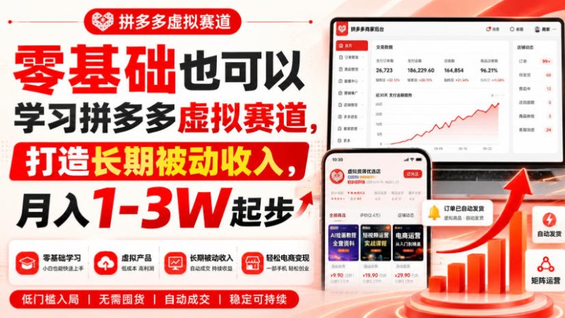 零基础也可以学习拼多多虚拟赛道，打造长期被动收入，月入1-3W起步网创-网赚-电商-tk-出海-AI-抖音-快手-小红书-视频号-玩法-创业-小程序-公众号-私域-s粉网创智库