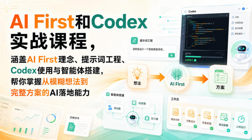 AI First和Codex实战课，涵盖AI First理念、提示词工程、Codex使用与智能体搭建，掌握从模糊想法到完整方案的AI落地能力网创-网赚-电商-tk-出海-AI-抖音-快手-小红书-视频号-玩法-创业-小程序-公众号-私域-s粉网创智库