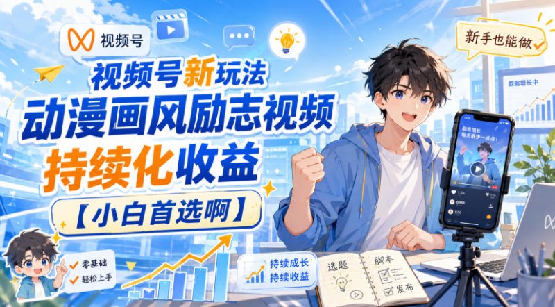 视频号新玩法动漫画风励志视频，持续化收益【小白首选啊】网创-网赚-电商-tk-出海-AI-抖音-快手-小红书-视频号-玩法-创业-小程序-公众号-私域-s粉网创智库