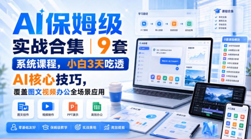 AI保姆级实战合集|9套系统课程,小白3天吃透AI核心技巧,覆盖图文视频办公全场景应用网创-网赚-电商-tk-出海-AI-抖音-快手-小红书-视频号-玩法-创业-小程序-公众号-私域-s粉网创智库