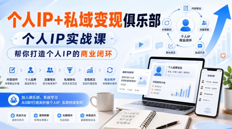个人IP+私域变现俱乐部,个人IP实战课,帮你打造个人IP的商业闭环网创-网赚-电商-tk-出海-AI-抖音-快手-小红书-视频号-玩法-创业-小程序-公众号-私域-s粉网创智库