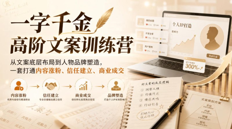 一字千金高阶文案训练营，从文案底层布局到人物品牌塑造，一套打通内容涨粉、信任建立、商业成交网创-网赚-电商-tk-出海-AI-抖音-快手-小红书-视频号-玩法-创业-小程序-公众号-私域-s粉网创智库