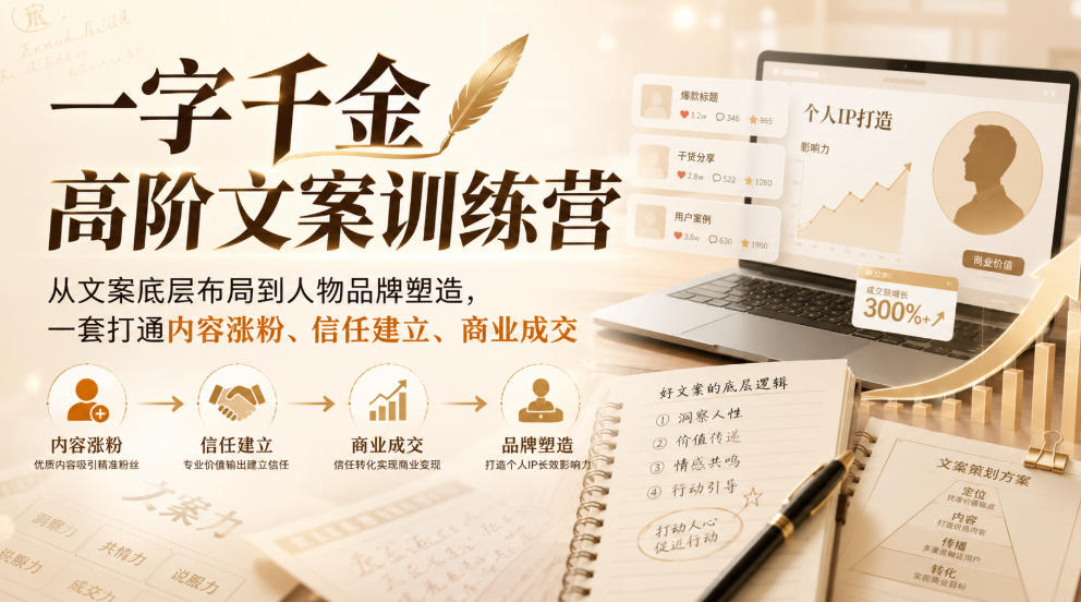 一字千金高阶文案训练营，从文案底层布局到人物品牌塑造，一套打通内容涨粉、信任建立、商业成交 - 网创智库网创-网赚-电商-tk-出海-AI-抖音-快手-小红书-视频号-玩法-创业-小程序-公众号-私域-s粉网创智库