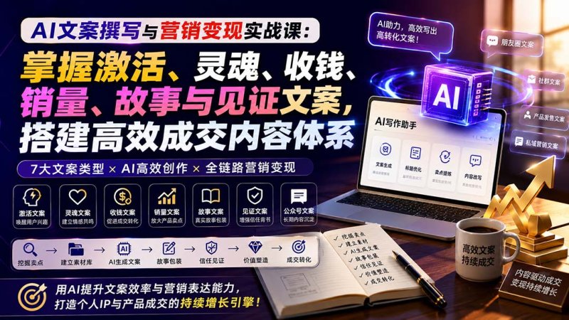 AI文案撰写与营销变现实战课:掌握激活、灵魂、收钱、销量、故事与见证文案,搭建高效成交内容体系网创-网赚-电商-tk-出海-AI-抖音-快手-小红书-视频号-玩法-创业-小程序-公众号-私域-s粉网创智库