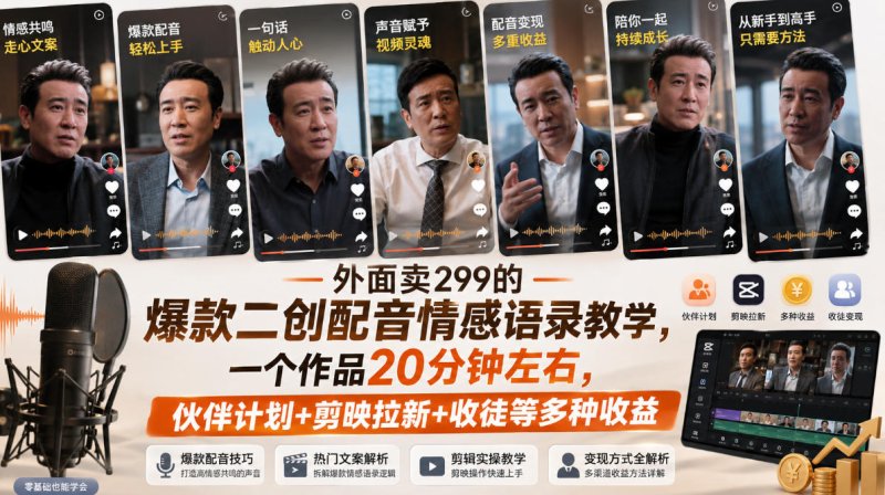 外面卖299的爆款二创配音情感语录教学,一个作品20分钟左右,伙伴计划+剪映拉新+收徒等多种收益网创-网赚-电商-tk-出海-AI-抖音-快手-小红书-视频号-玩法-创业-小程序-公众号-私域-s粉网创智库