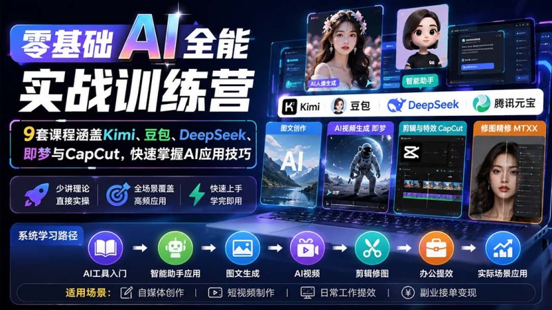 零基础AI全能实战训练营：9套课程涵盖Kimi、豆包、DeepSeek、即梦与CapCut，快速掌握AI应用技巧网创-网赚-电商-tk-出海-AI-抖音-快手-小红书-视频号-玩法-创业-小程序-公众号-私域-s粉网创智库