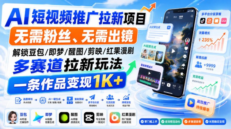 AI短视频推广拉新项目，无需粉丝、无需出镜，解锁豆包/即梦/醒图/剪映/红果漫剧多赛道拉新玩法，一条作品变现1K+网创-网赚-电商-tk-出海-AI-抖音-快手-小红书-视频号-玩法-创业-小程序-公众号-私域-s粉网创智库