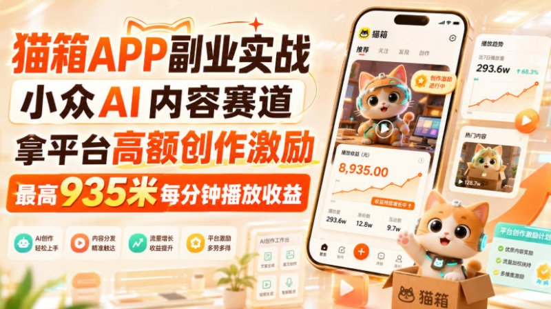 猫箱APP副业实战，小众AI内容赛道，拿平台高额创作激励，最高935米每分钟播放收益网创-网赚-电商-tk-出海-AI-抖音-快手-小红书-视频号-玩法-创业-小程序-公众号-私域-s粉网创智库