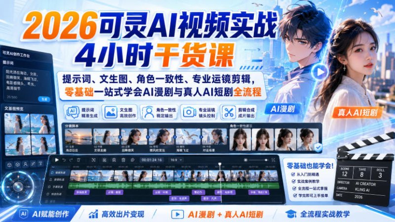 2026可灵AI视频实战4小时干货课｜提示词、文生图、角色一致性、专业运镜剪辑，零基础一站式学会AI漫剧与真人AI短剧全流程网创-网赚-电商-tk-出海-AI-抖音-快手-小红书-视频号-玩法-创业-小程序-公众号-私域-s粉网创智库