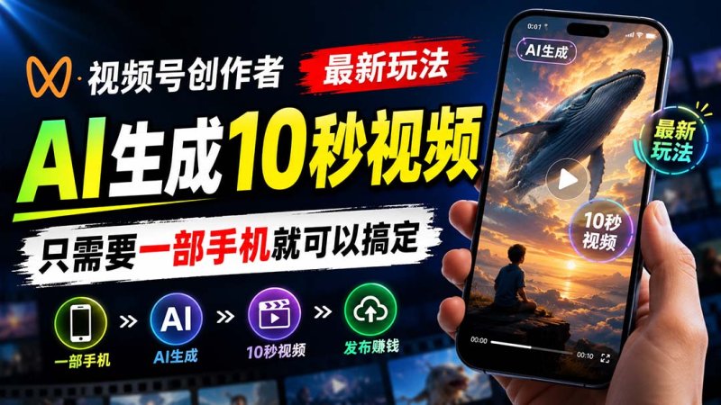 视频号创作者最新玩法，AI生成10秒视频，只需要一部手机就可以搞定网创-网赚-电商-tk-出海-AI-抖音-快手-小红书-视频号-玩法-创业-小程序-公众号-私域-s粉网创智库