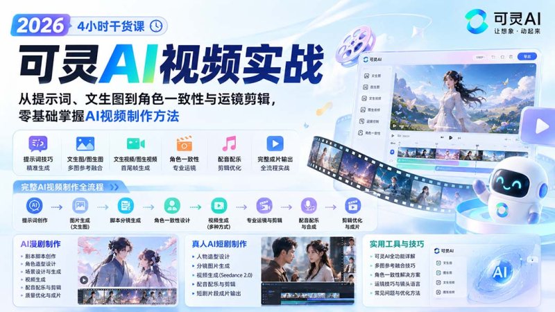 2026可灵AI视频实战-4小时干货课：从提示词、文生图到角色一致性与运镜剪辑，零基础掌握AI视频制作方法网创-网赚-电商-tk-出海-AI-抖音-快手-小红书-视频号-玩法-创业-小程序-公众号-私域-s粉网创智库