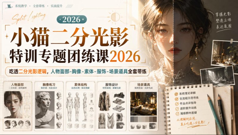 小猫二分光影特训专题团练课2026|吃透二分光影逻辑,人物面部‑胸像‑素体‑服饰‑场景道具全套带练,高清画质附赠课件与笔刷网创-网赚-电商-tk-出海-AI-抖音-快手-小红书-视频号-玩法-创业-小程序-公众号-私域-s粉网创智库