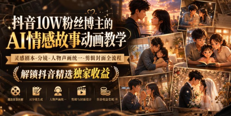 抖音10W粉丝博主的AI情感故事动画教学,灵感剧本‑分镜‑人物声画统一‑剪辑封面全流程,解锁抖音精选独家收益网创-网赚-电商-tk-出海-AI-抖音-快手-小红书-视频号-玩法-创业-小程序-公众号-私域-s粉网创智库