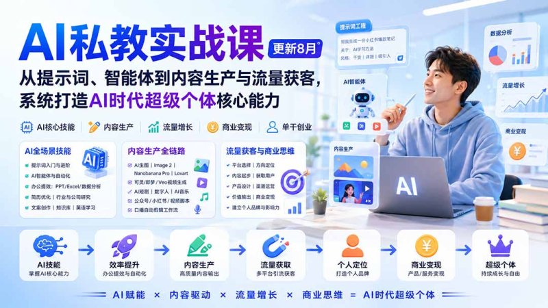 AI私教实战课-更新8月:从提示词、智能体到内容生产与流量获客,系统打造AI时代超级个体核心能力网创-网赚-电商-tk-出海-AI-抖音-快手-小红书-视频号-玩法-创业-小程序-公众号-私域-s粉网创智库