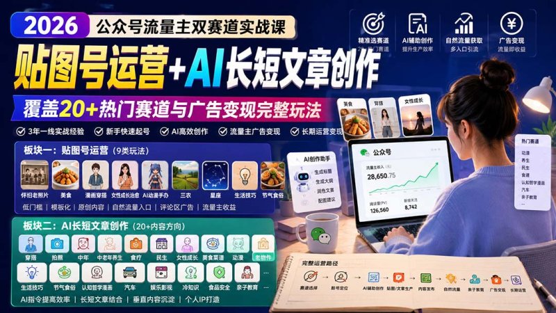 公众号流量主双赛道实战课:贴图号运营+AI长短文章创作,覆盖20+热门赛道与广告变现完整玩法网创-网赚-电商-tk-出海-AI-抖音-快手-小红书-视频号-玩法-创业-小程序-公众号-私域-s粉网创智库