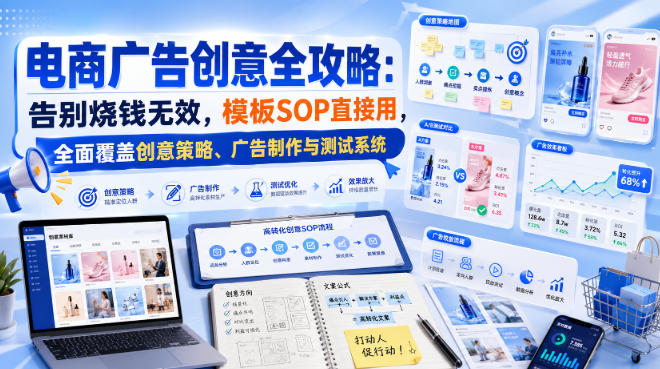 电商广告创意全攻略：告别烧钱无效，模板SOP直接用，全面覆盖创意策略、广告制作与测试系统【原创双语字幕】网创-网赚-电商-tk-出海-AI-抖音-快手-小红书-视频号-玩法-创业-小程序-公众号-私域-s粉网创智库