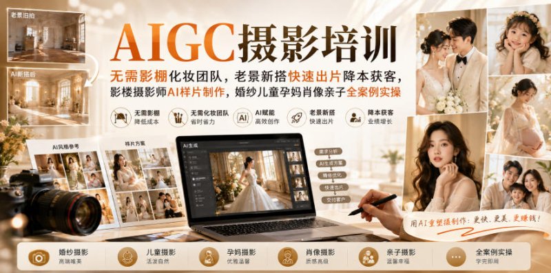 AIGC摄影培训｜无需影棚化妆团队，老景新搭快速出片降本获客，影楼摄影师AI样片制作，婚纱儿童孕妈肖像亲子全案例实操网创-网赚-电商-tk-出海-AI-抖音-快手-小红书-视频号-玩法-创业-小程序-公众号-私域-s粉网创智库