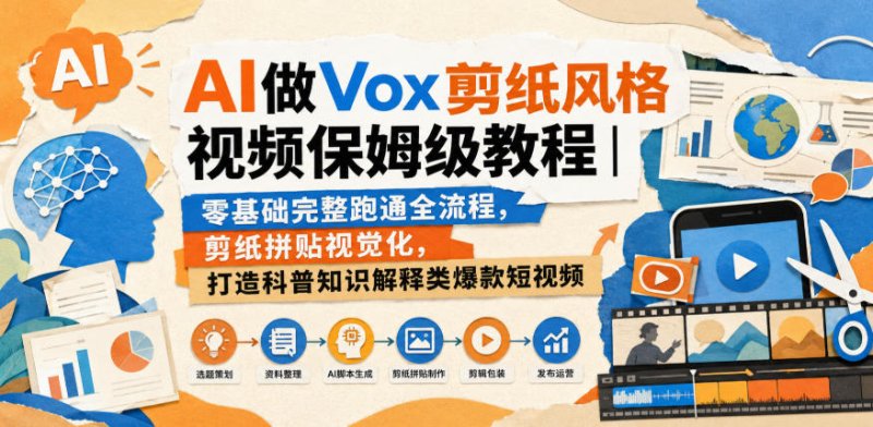 AI做Vox剪纸风格视频保姆级教程｜零基础完整跑通全流程，剪纸拼贴视觉化，打造科普知识解释类爆款短视频网创-网赚-电商-tk-出海-AI-抖音-快手-小红书-视频号-玩法-创业-小程序-公众号-私域-s粉网创智库