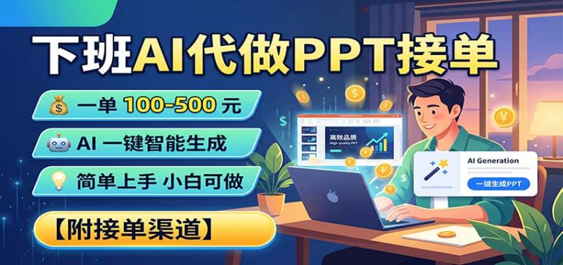 下班AI代做PPT接单，一单100-500，AI一键生成，小白也能做，附接单渠道网创-网赚-电商-tk-出海-AI-抖音-快手-小红书-视频号-玩法-创业-小程序-公众号-私域-s粉网创智库