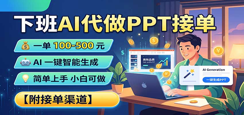 下班AI代做PPT接单,一单100-500,AI一键生成,小白也能做,附接单渠道 - 网创智库网创-网赚-电商-tk-出海-AI-抖音-快手-小红书-视频号-玩法-创业-小程序-公众号-私域-s粉网创智库